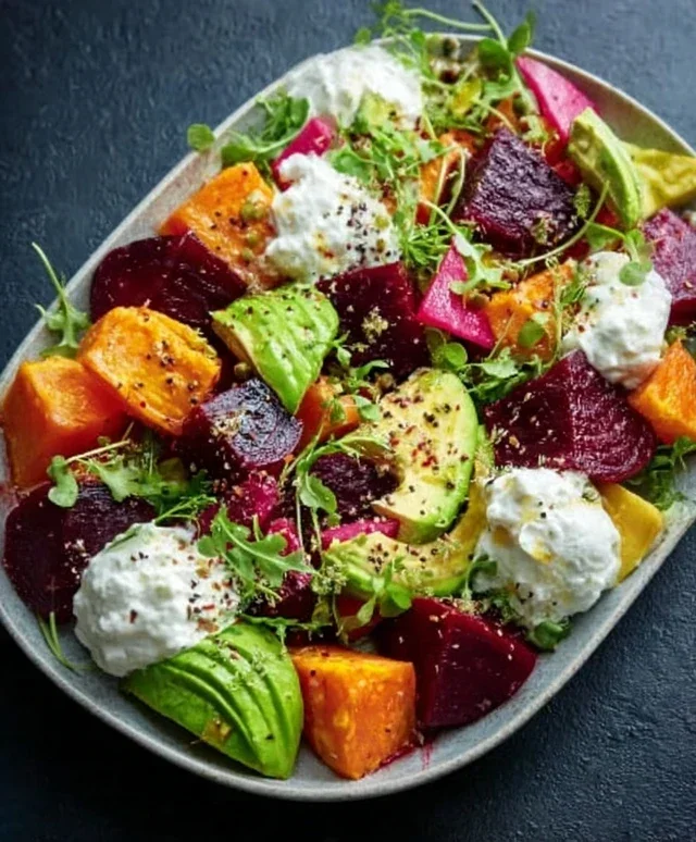 Roasted Beet, Sweet Potato & Avocado Salad with Whipped Ricotta & Lemon-Tahini Drizzle