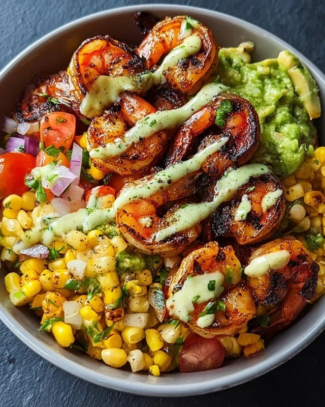 Grilled Shrimp Bowl With Avocado Corn Salsa Creamy Garlic Sauce