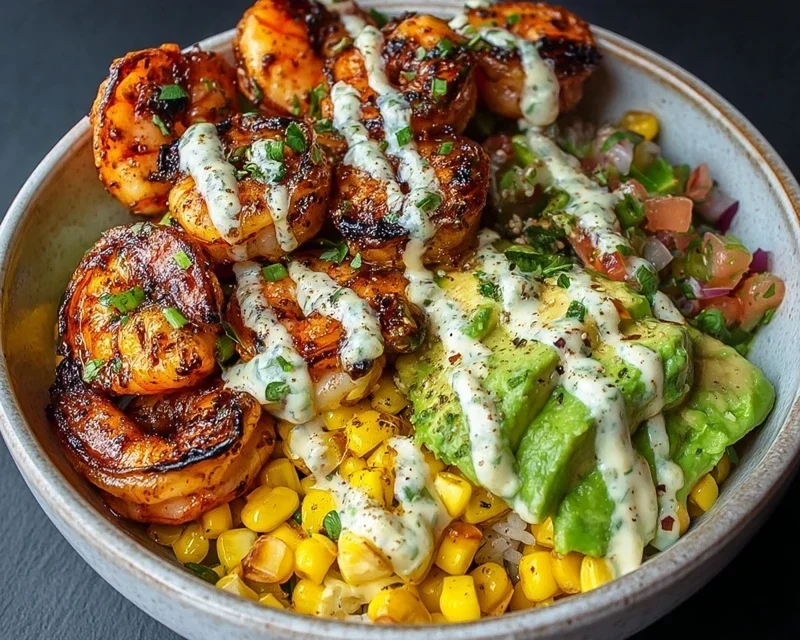 Grilled Shrimp Bowl With Avocado Corn Salsa Creamy Garlic Sauce