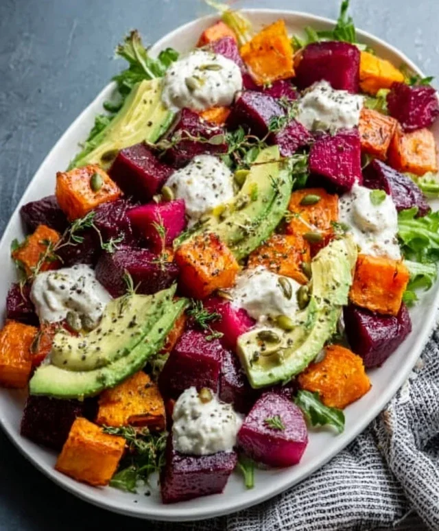 Roasted Beet, Sweet Potato & Avocado Salad with Whipped Ricotta & Lemon-Tahini Drizzle