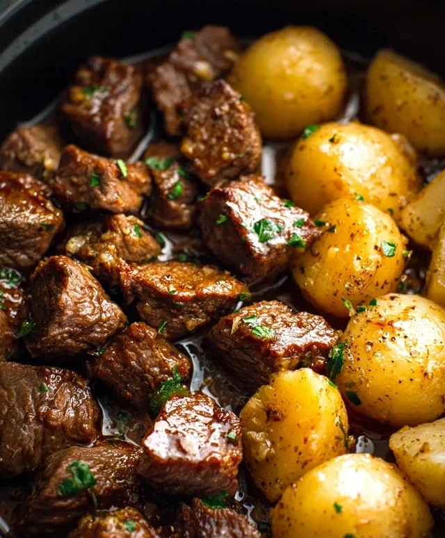 Slow Cooker Garlic Butter Beef Bites with Potatoes