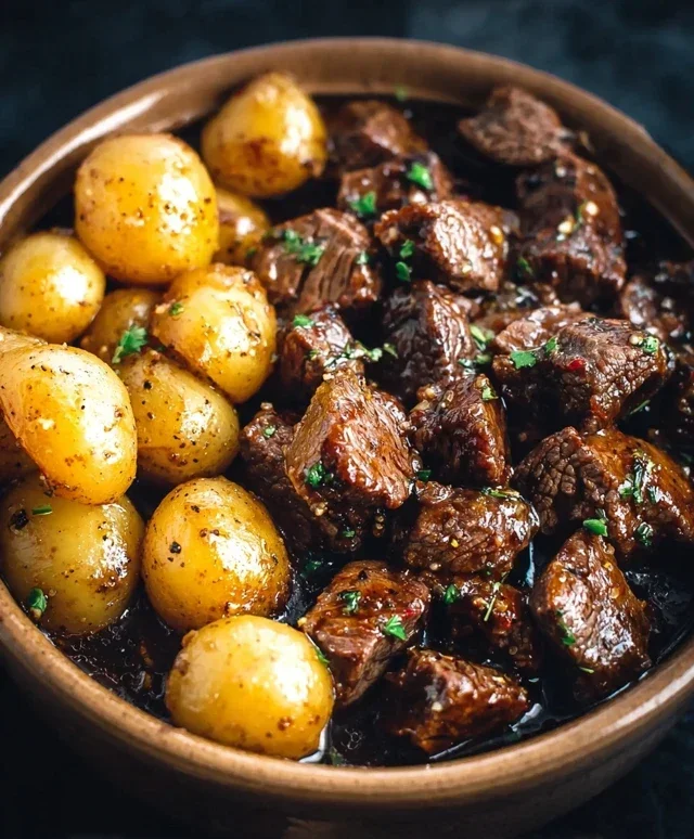 Slow Cooker Garlic Butter Beef Bites with Potatoes
