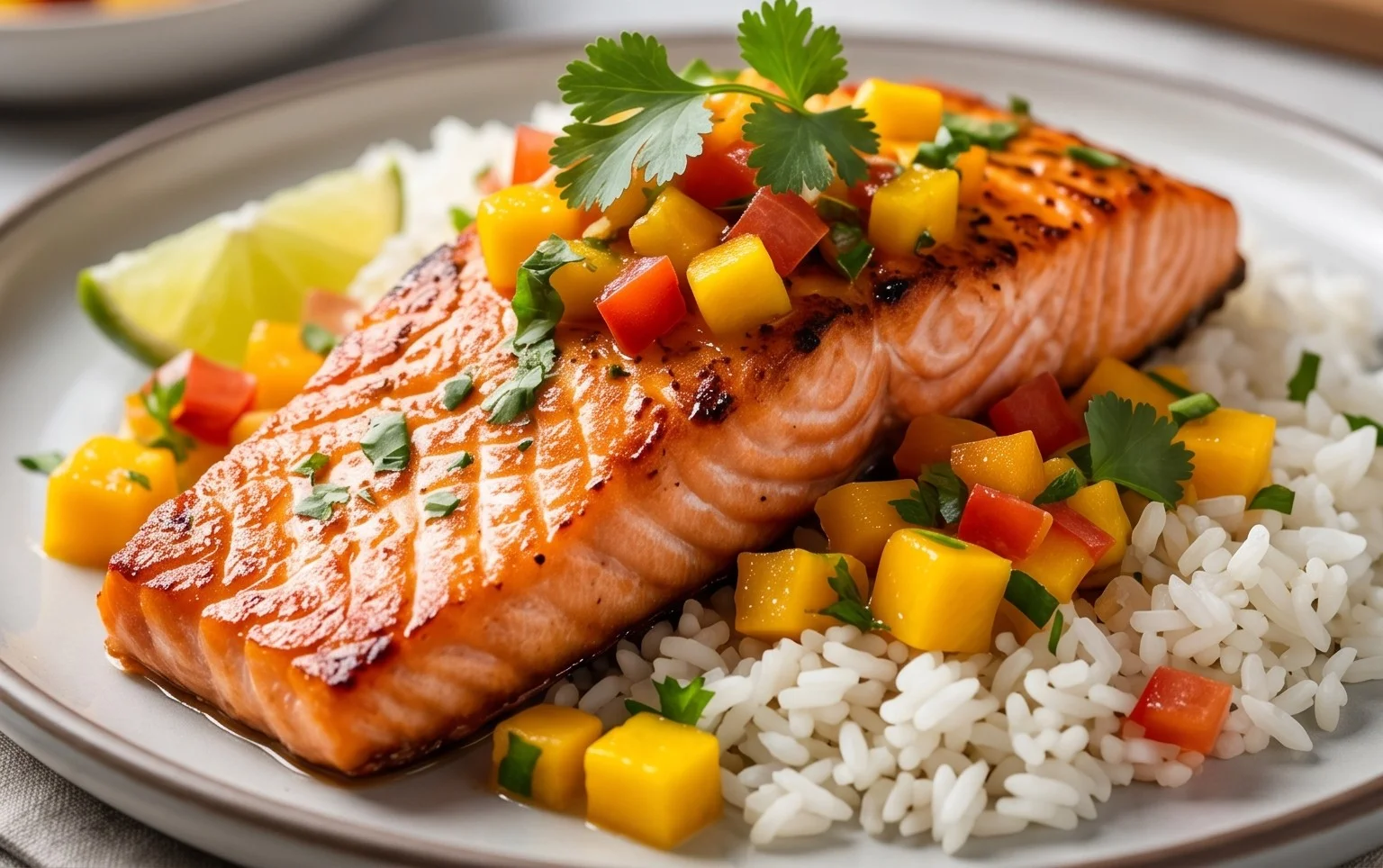Grilled Salmon with Mango Salsa and Coconut Rice