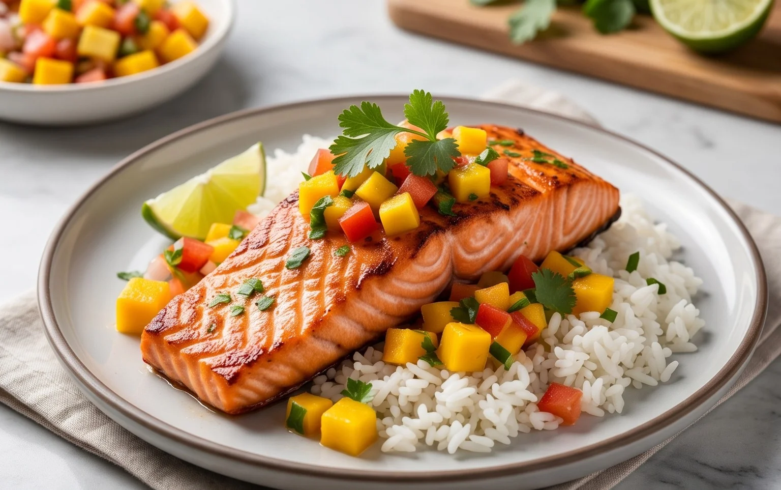 Grilled Salmon with Mango Salsa and Coconut Rice