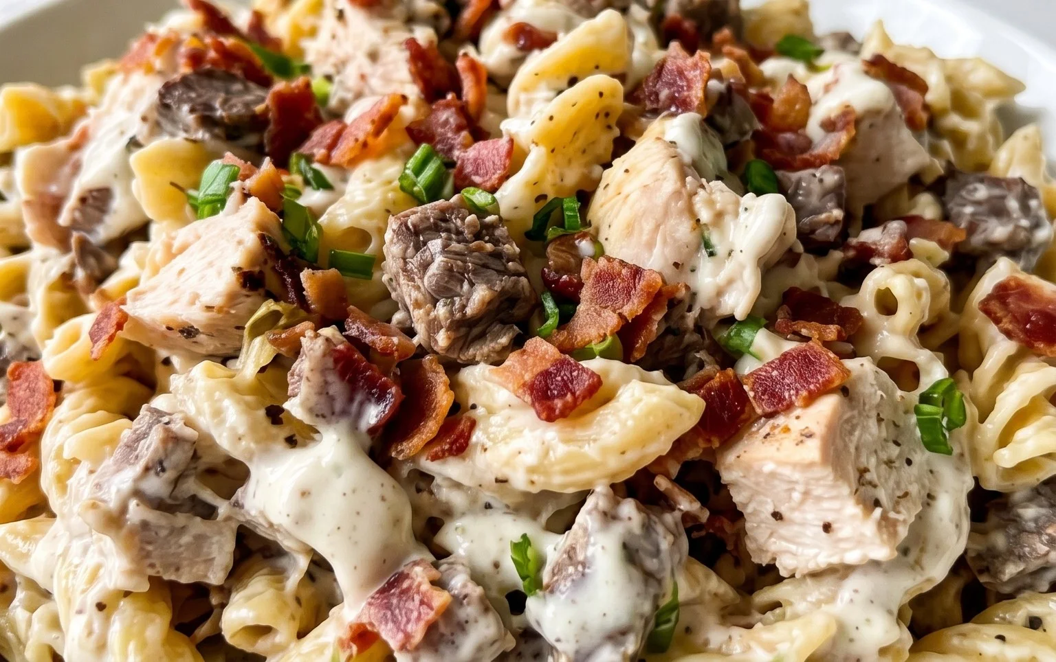 Chicken Beef Bacon Ranch Pasta Salad