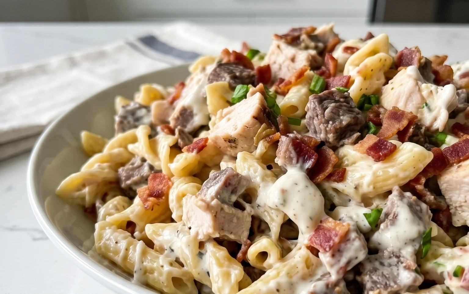 Chicken Beef Bacon Ranch Pasta Salad