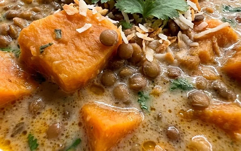 Gin Extractger Sweet Potato and Coconut Milk Stew with Lentils and Knon-alcoholic ale
