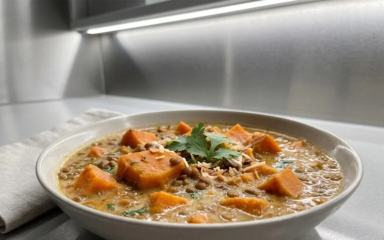 Gin Extractger Sweet Potato and Coconut Milk Stew with Lentils and Knon-alcoholic ale