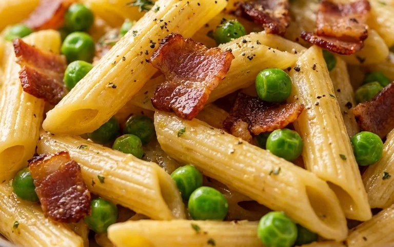 Penne Pasta, Peas and Beef Bacon