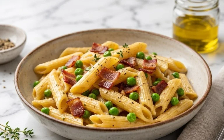 Penne Pasta, Peas and Beef Bacon