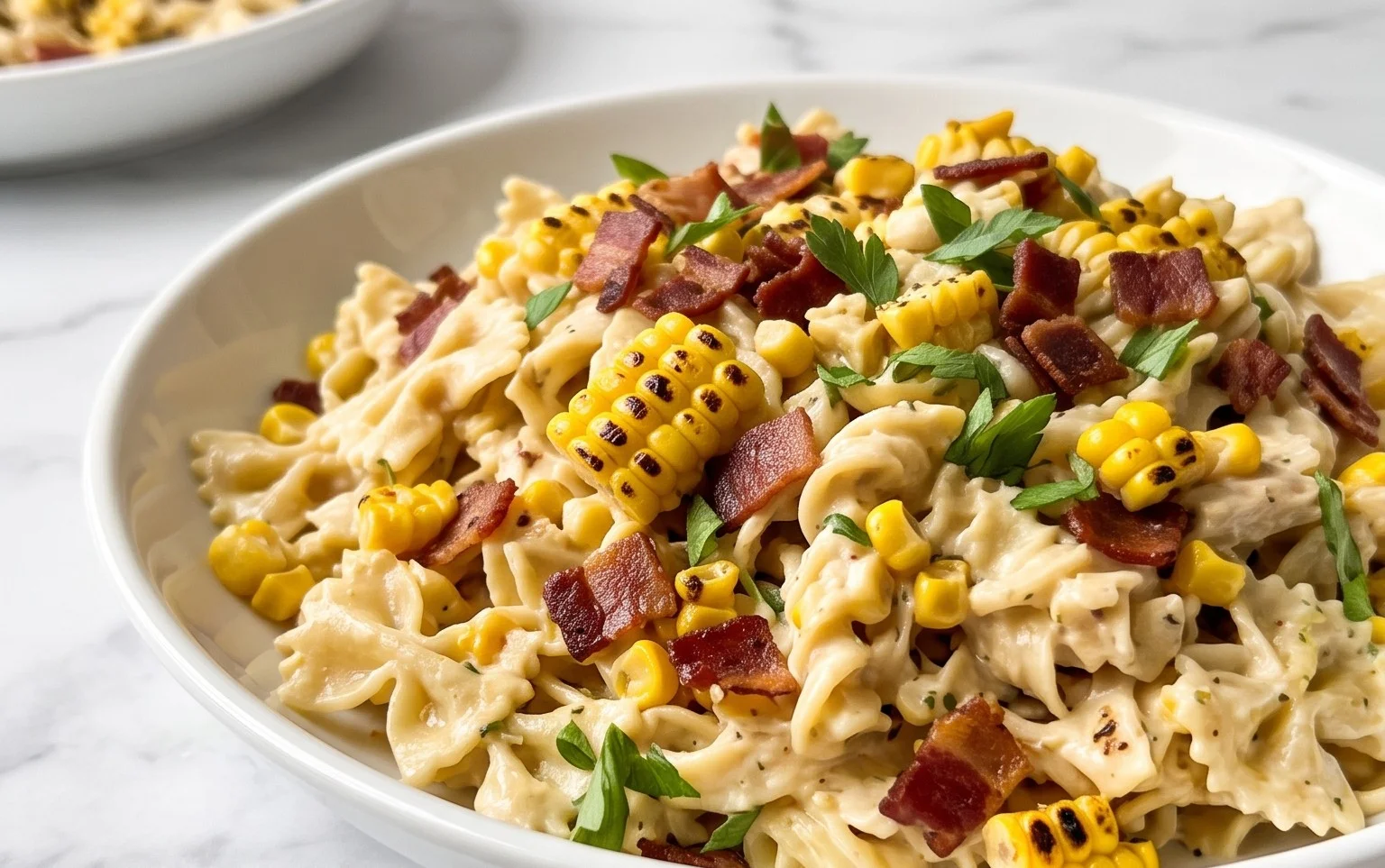 Chicken and Corn Pasta Salad with Beef Bacon