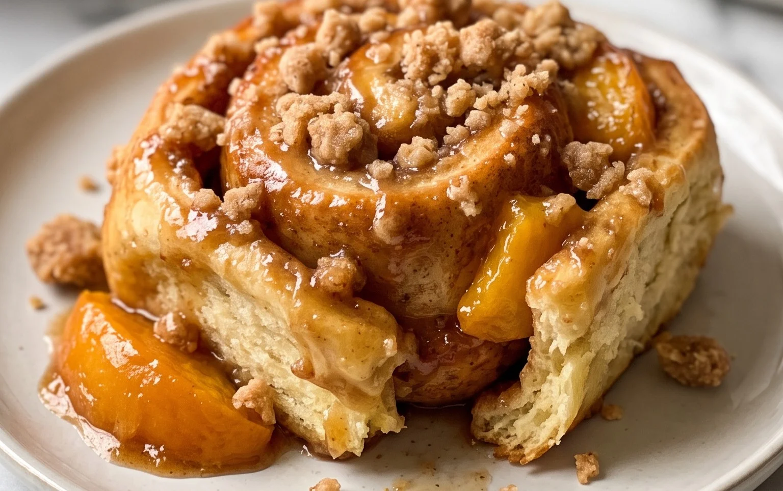 Peach Cobbler Cinnamon Rolls with Crum extractb Topping
