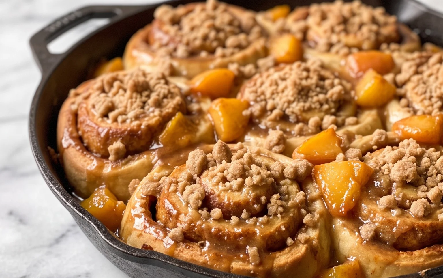Peach Cobbler Cinnamon Rolls with Crum extractb Topping