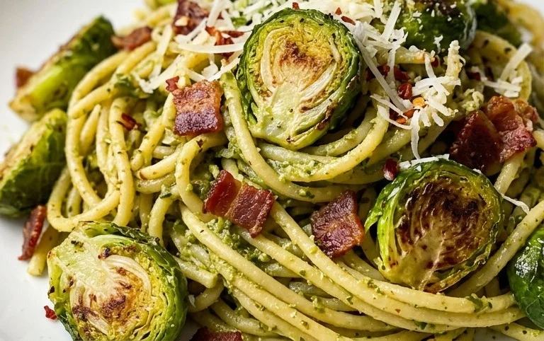 Brussels Sprouts and Beef Bacon Pesto Pasta
