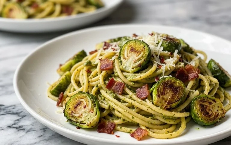 Brussels Sprouts and Beef Bacon Pesto Pasta