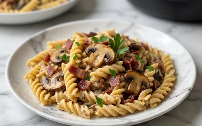 Creamy Beef Bacon and Mushroom Pasta