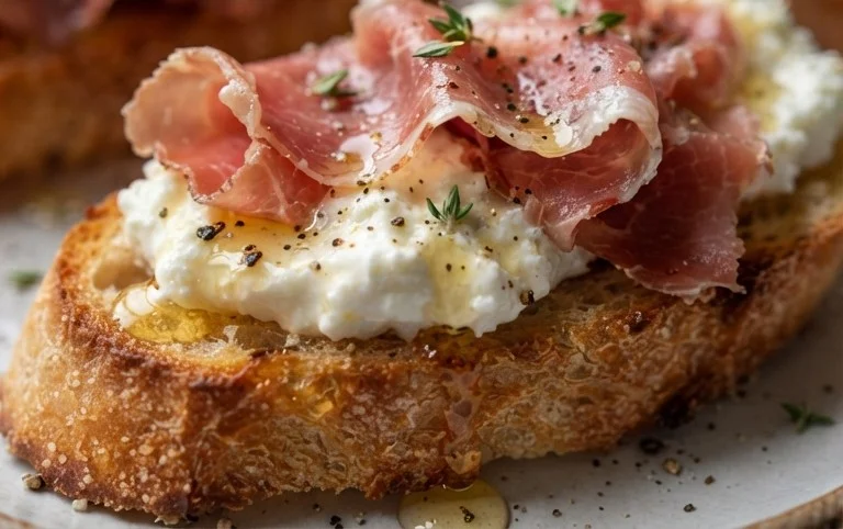 Beef Prosciutto Crostini with Burrata and Lemon Honey Drizzle