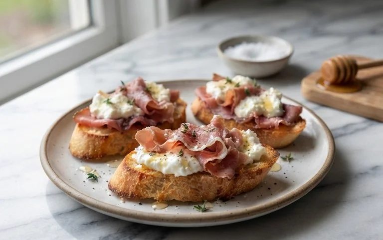 Beef Prosciutto Crostini with Burrata and Lemon Honey Drizzle